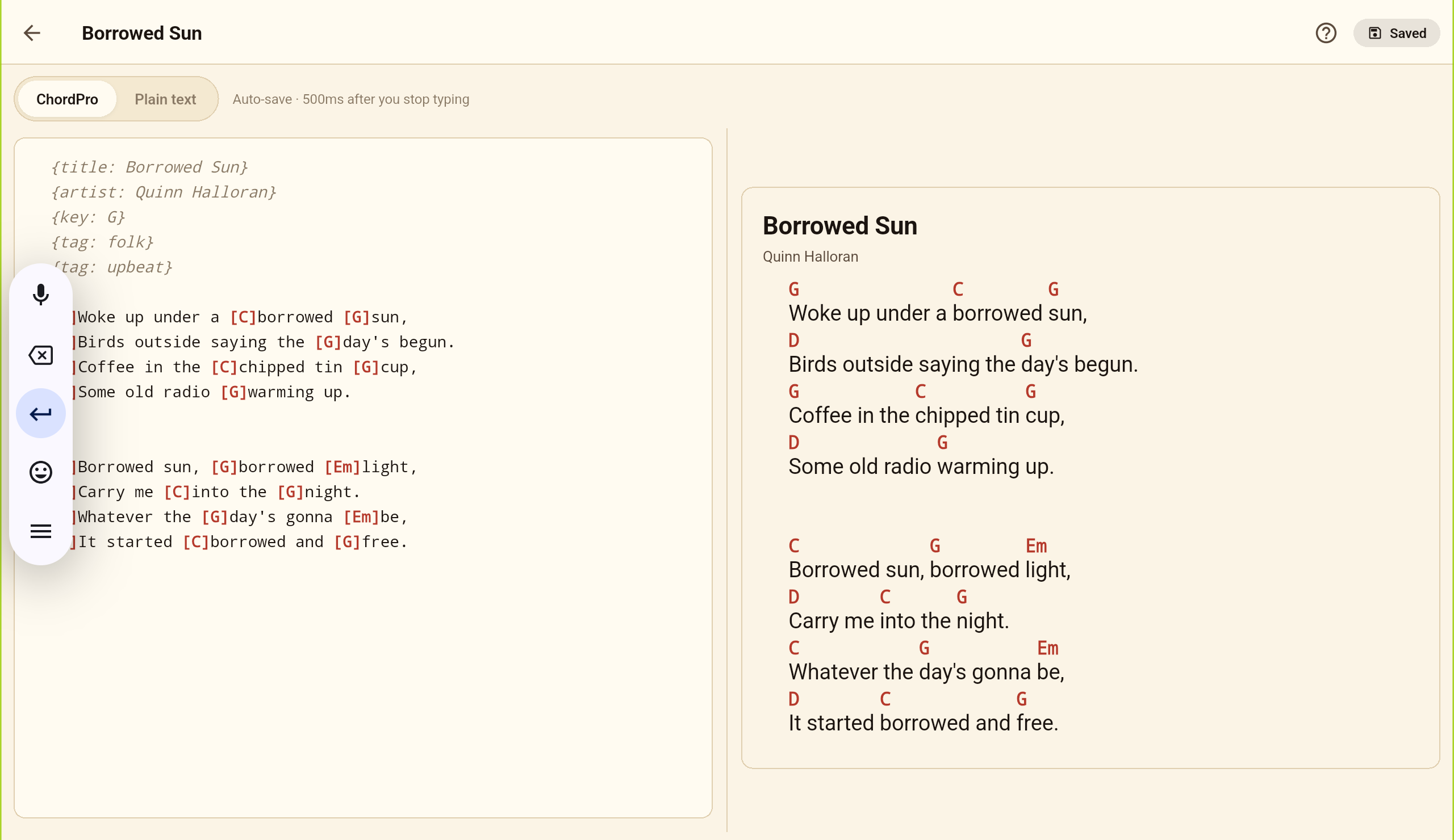 ChordPro editor with live preview
